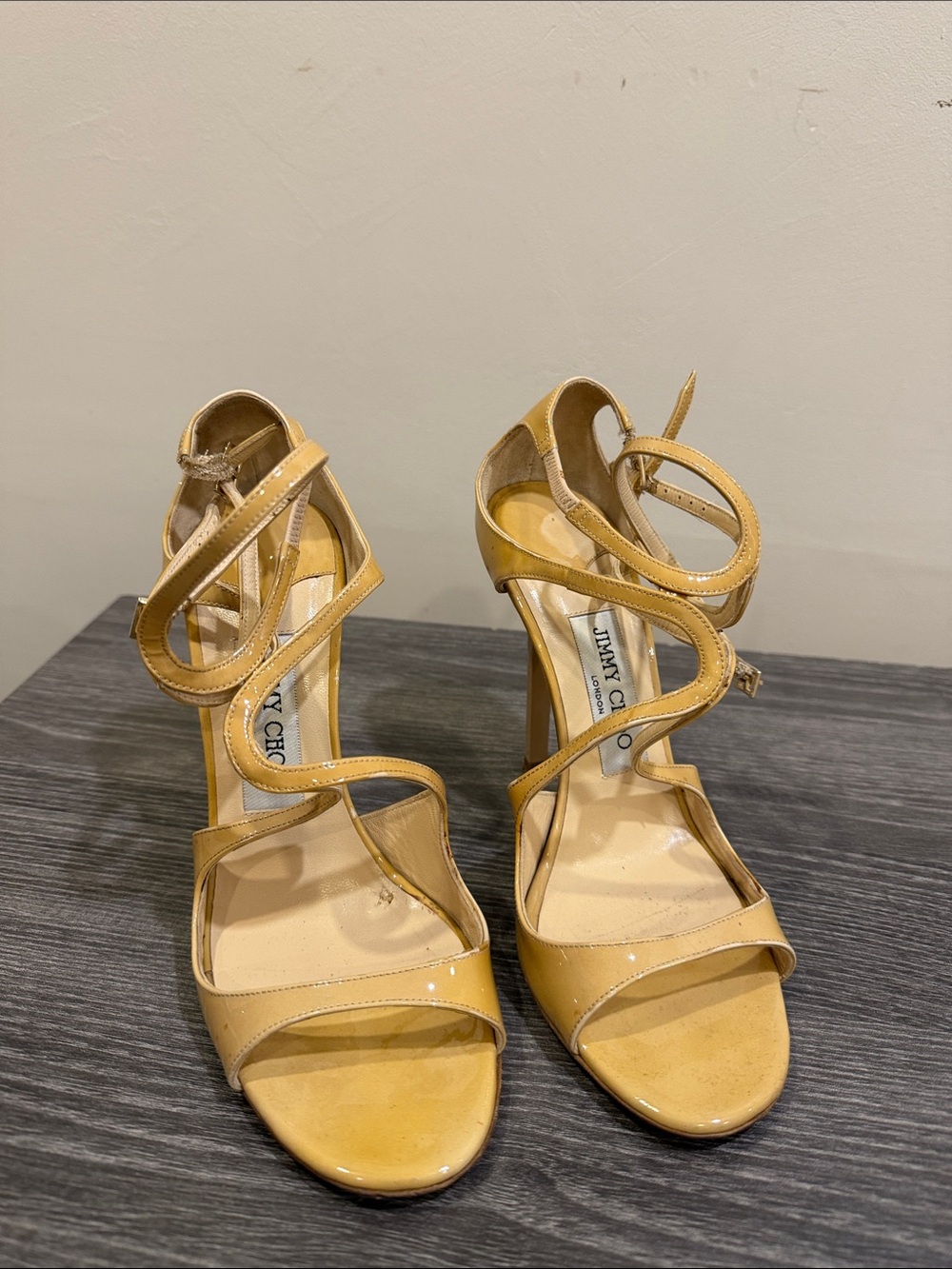 Jimmy Choo Tan Patent Leather Strappy High Heel Sandals. Well worn Size 36.5